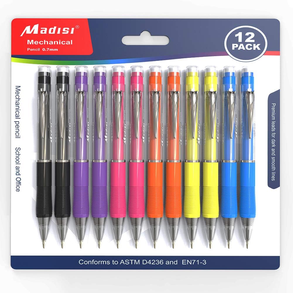 Madisi Mechanical Pencil, 0.7mm Medium Point, Assorted Barrels, 12-Count