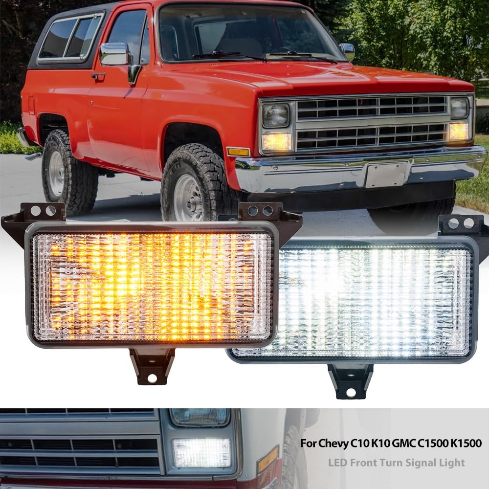 OEM Front Turn Signal Lights for 83-86 Chevy C/K C10 C20 C30 K10 K20 K30 GMC C1500 K1500 Amber Bumper Signal & White Parking Light Corner Marker OEM# 915908 GM2520122 Clear Lens With 2Pcs Led Bulbs