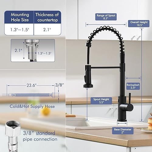 Vista 45 de GIMILI Grifo de cocina negro y dorado con dispensador de jabón comercial de una sola manija con resorte extraíble Grifos para fregadero de cocina