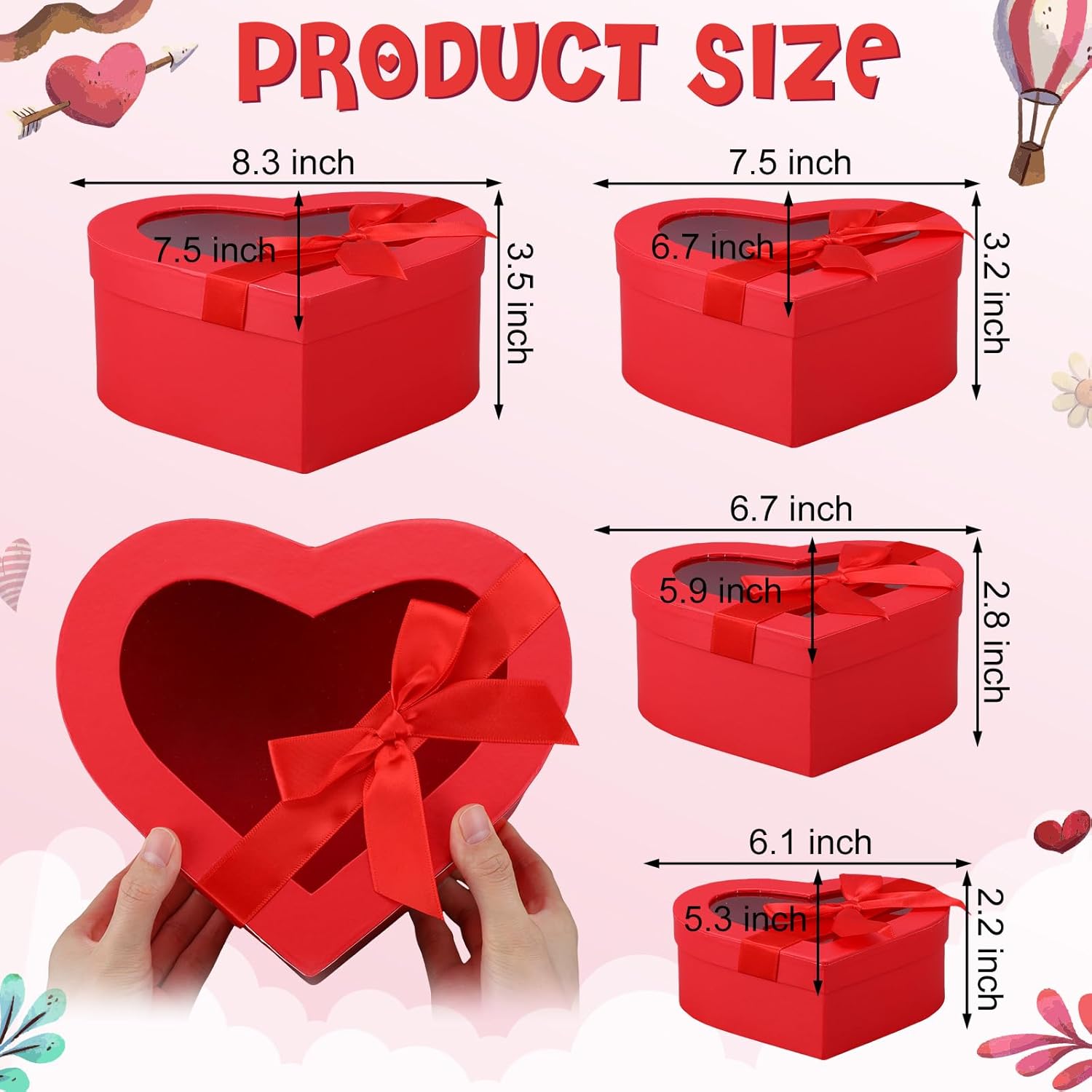4 Pcs Valentine Flower Boxes Heart Shaped Boxes Floral Gift Box Assorted Sizes with Transparent Window Lids and Ribbons for Luxury Flower Gift Arrangements Wedding(Red) - Image 2