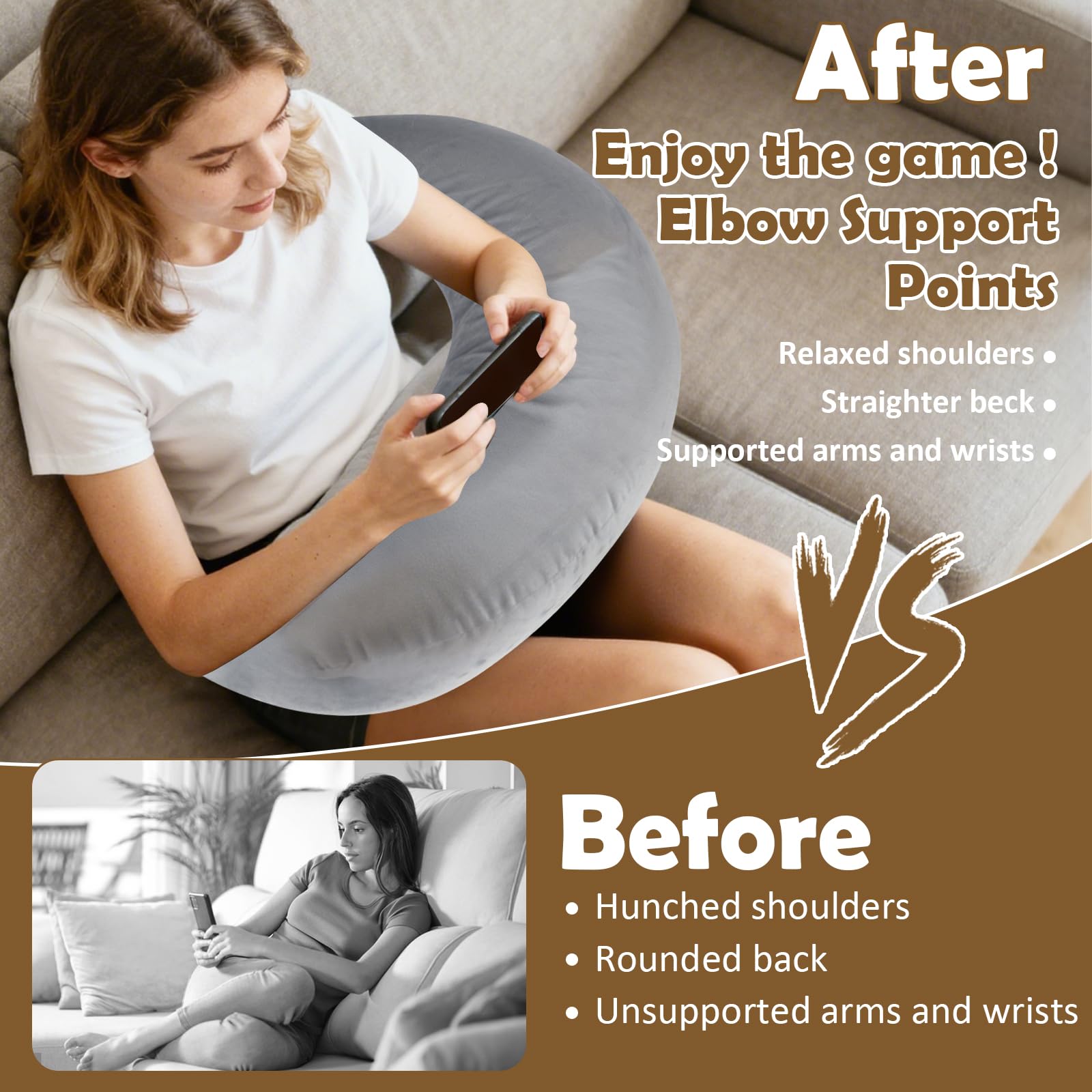 PYserne Reading Gaming Cushion for Lap,Cuddle Cushion Ergonomic U-Shaped with Elbow Rest Washable Cover for Crocheting Working Gaming Improve Sitting Posture Reduce Fatigue Grey - Image 4