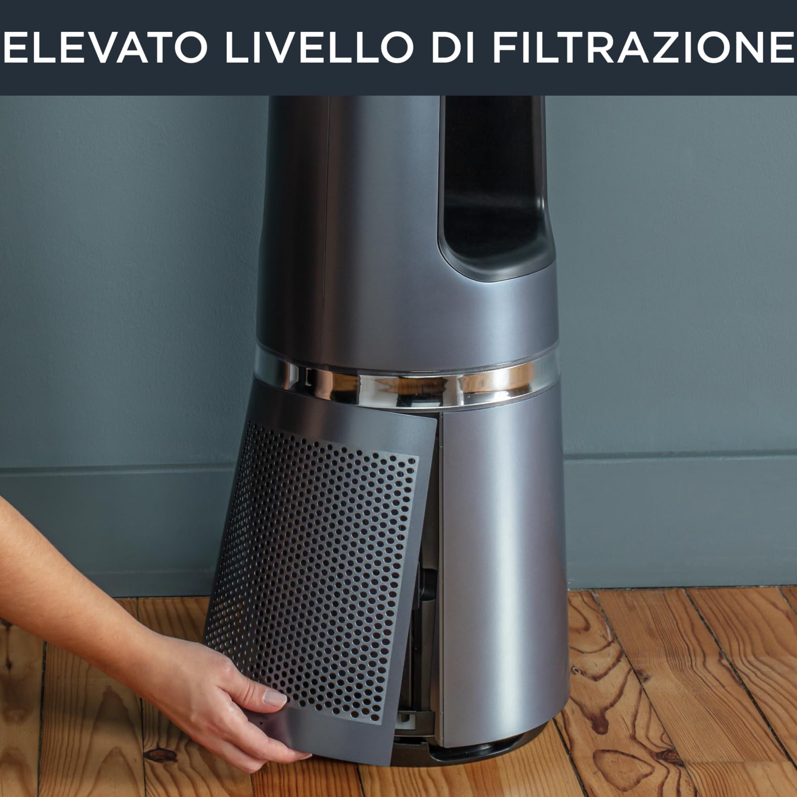 Rowenta Eclipse QU5030, 2in1 Purifica e rinfresca, purificatore d'aria, elevata efficacia di filtrazione, ultra silenzioso, oscillazione a 12 velocità, programmabile, raggio d'azione 8 m, Argento