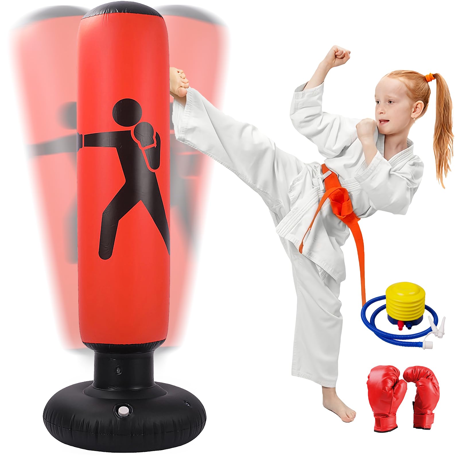 Saco de Boxeo Hinchable para Niños - 160 cm de Pie Con Bomba de Aire y Guantes para Karate, Kickboxing