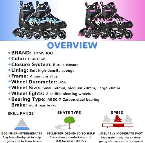 Miniatura 6 de TOMSHOO Adjustable Inline Skates for Kids Outdoor Roller Skates with Full Light Up Wheels Fun Illuminating Skates for Girls and Boys Gift