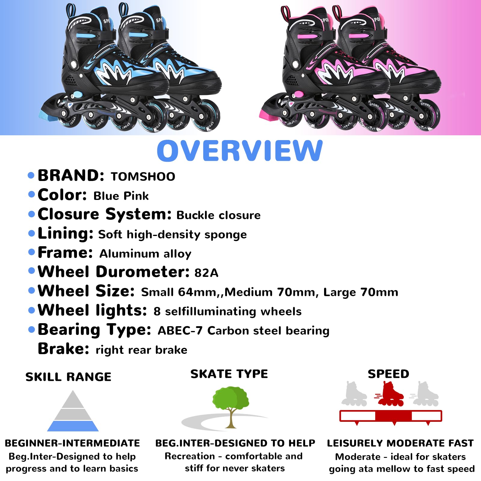 TOMSHOO Patins à roulettes, Rollers en Ligne avec 4 Tailles Réglables, Roues LED, Plusieurs Options de Taille, pour Enfants, Garçons et Filles