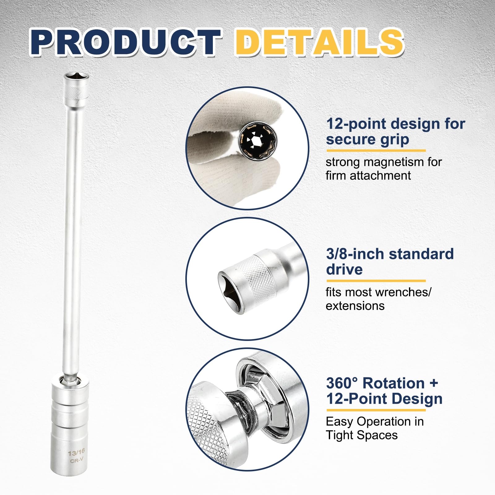 QUARKZMAN 2 Pezzi Set Presa Candele 3/8" Drive 13/16" Snodo Magnetico 12 Punti Parete Sottile Lunga Presa Candele con Snodo A 360 Gradi CR-V Acciaio, Argento