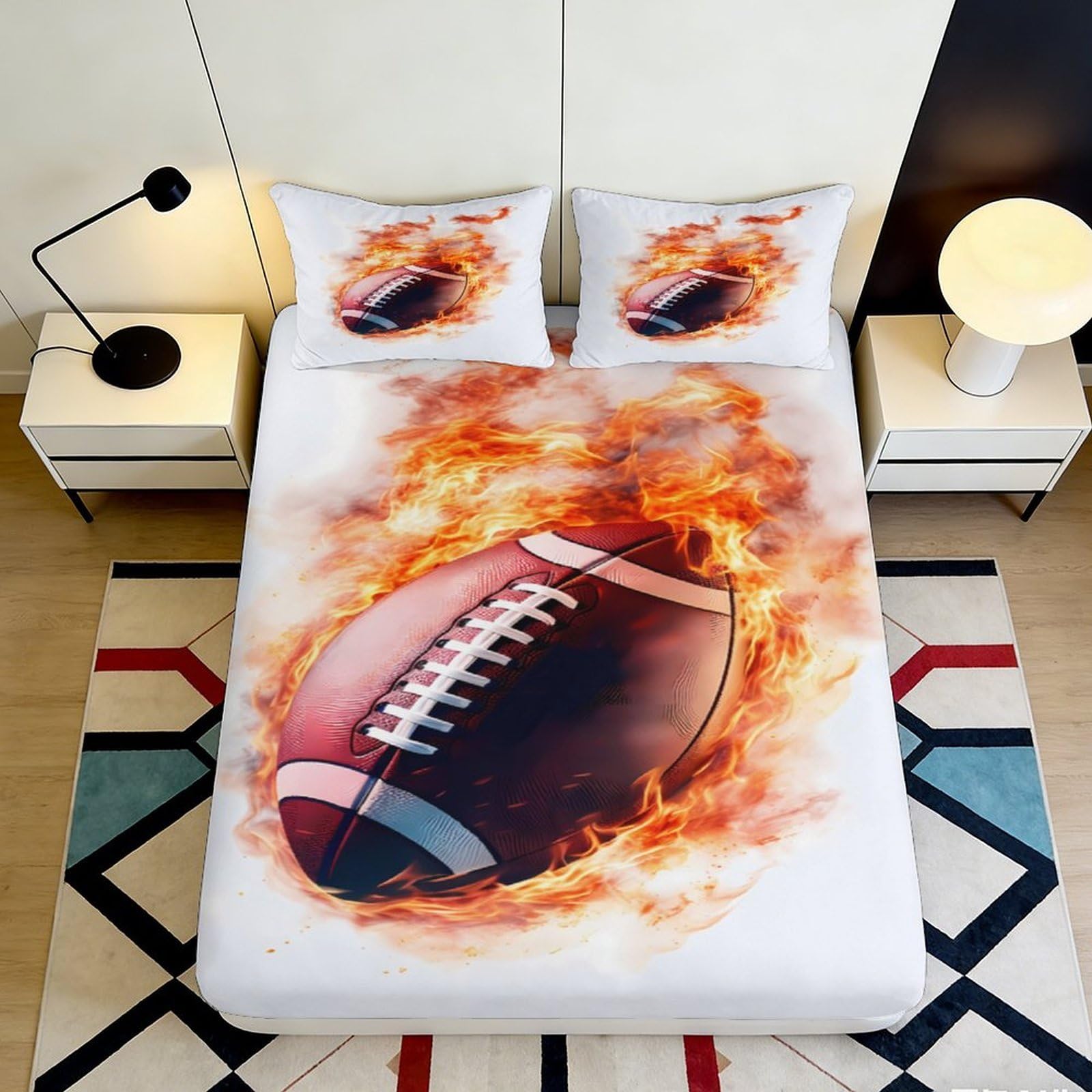 3D Printed Fire Football Fitted Sheet Microfiber Soft Mattress Cover for Bedroom Dorm Protector Decoration 160x200x25cm