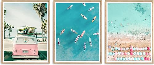 Arte de pared costero de playa para baño, imágenes del océano, impresión de lienzo de palma de mar, pintura de paisaje marino, auto rosa con tabla