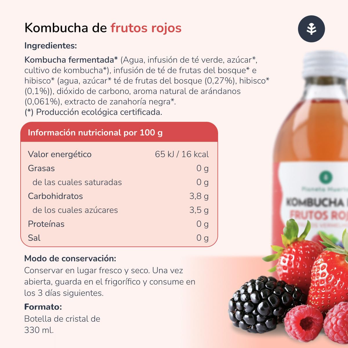 PLANETA HUERTO | Lot de 6x Kombucha ECO Fruits Rouges 330 ml | Fermentation Naturelle | Probiotiques pour le Système Digestif