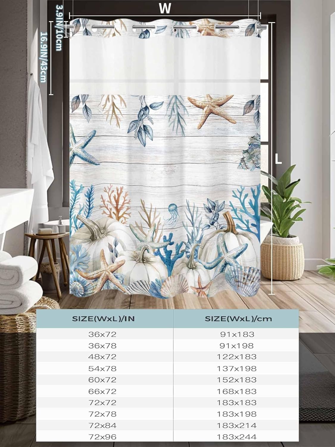 No Hook Shower Curtains, Fall Pumpkins Coastal Small Shower Curtains with Snap in Liner, Summer Fall Coral Wooden Waterproof Washable Fabric Bathroom Shower Curtain Sets, 36" x 72"