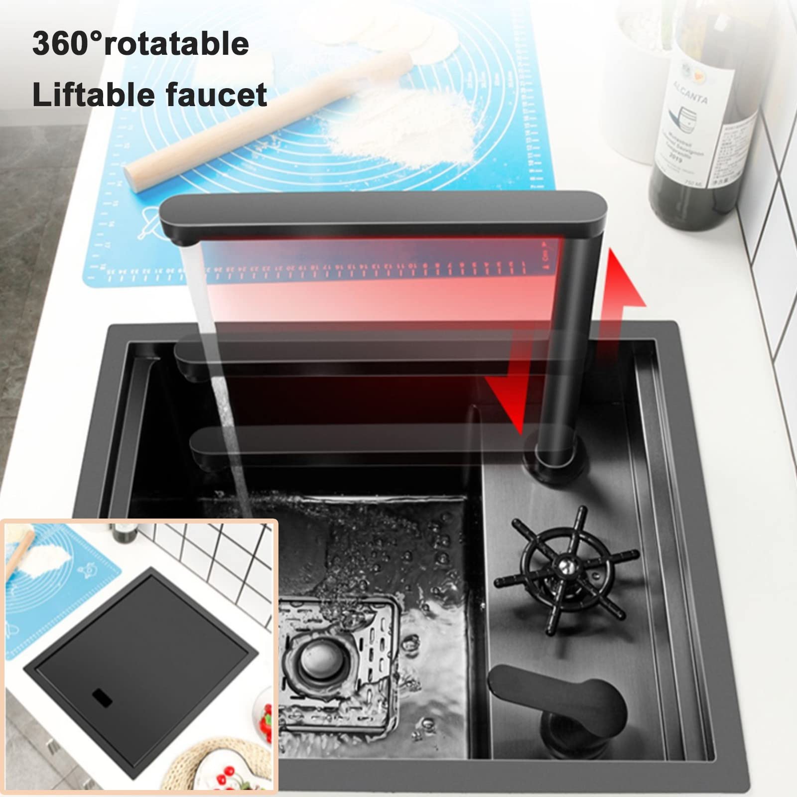 Fregadero De Cocina De Acero Inoxidable Negro Con Grifo Elevable Y Lavavasos Fregadero Oculto De Una Cubeta Para Casa Apartamento Bar Caravana Con Kit De Instalación Completo(45x38x22cm(A))