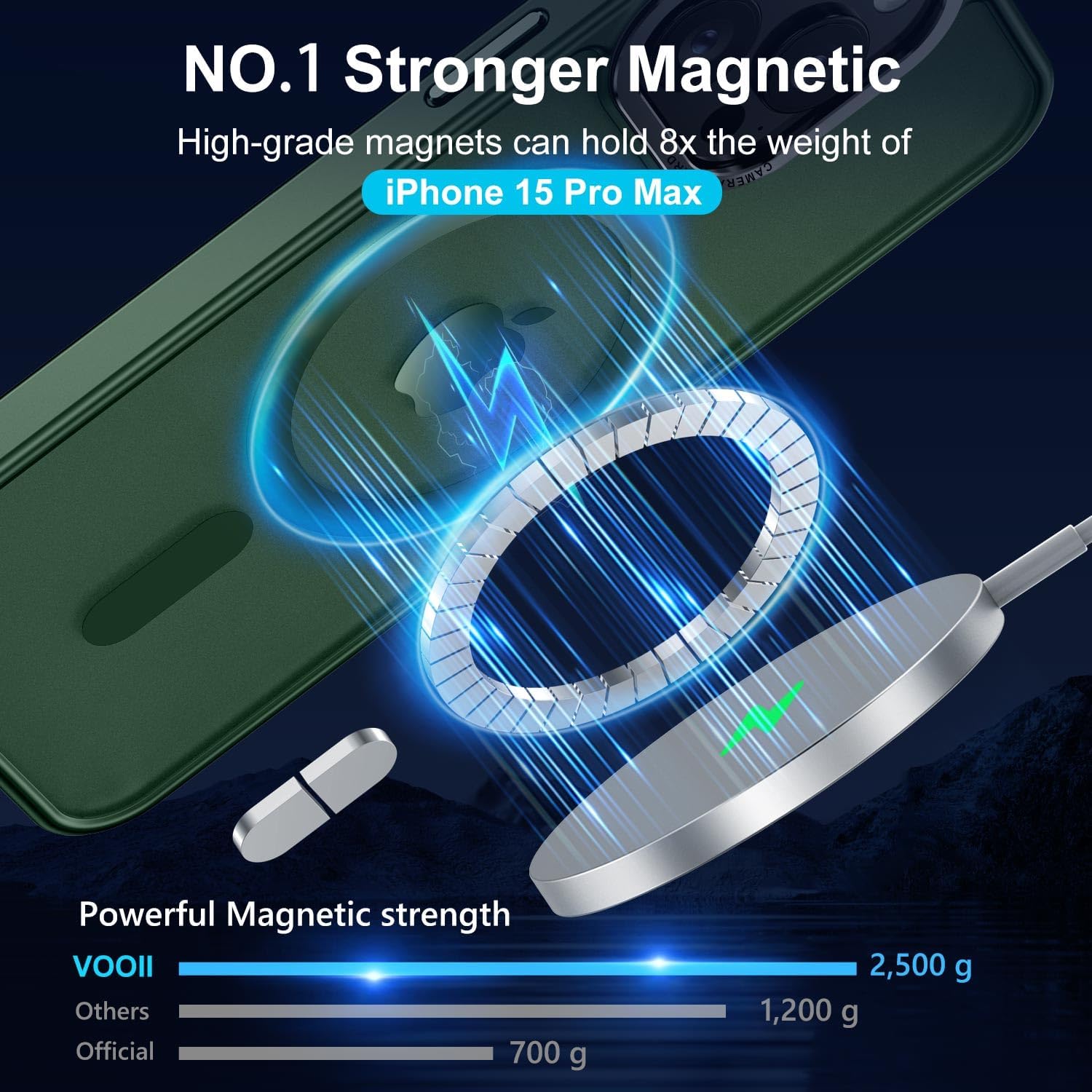 Vooii Strong Magnetic for iPhone 15 Pro Max Case, [Compatible with Magsafe] [13FT Military Grade Drop Protection] Slim Shockproof Translucent Matte Case for iPhone 15 Pro Max 6.7 inch - Midnight Green - Image 3