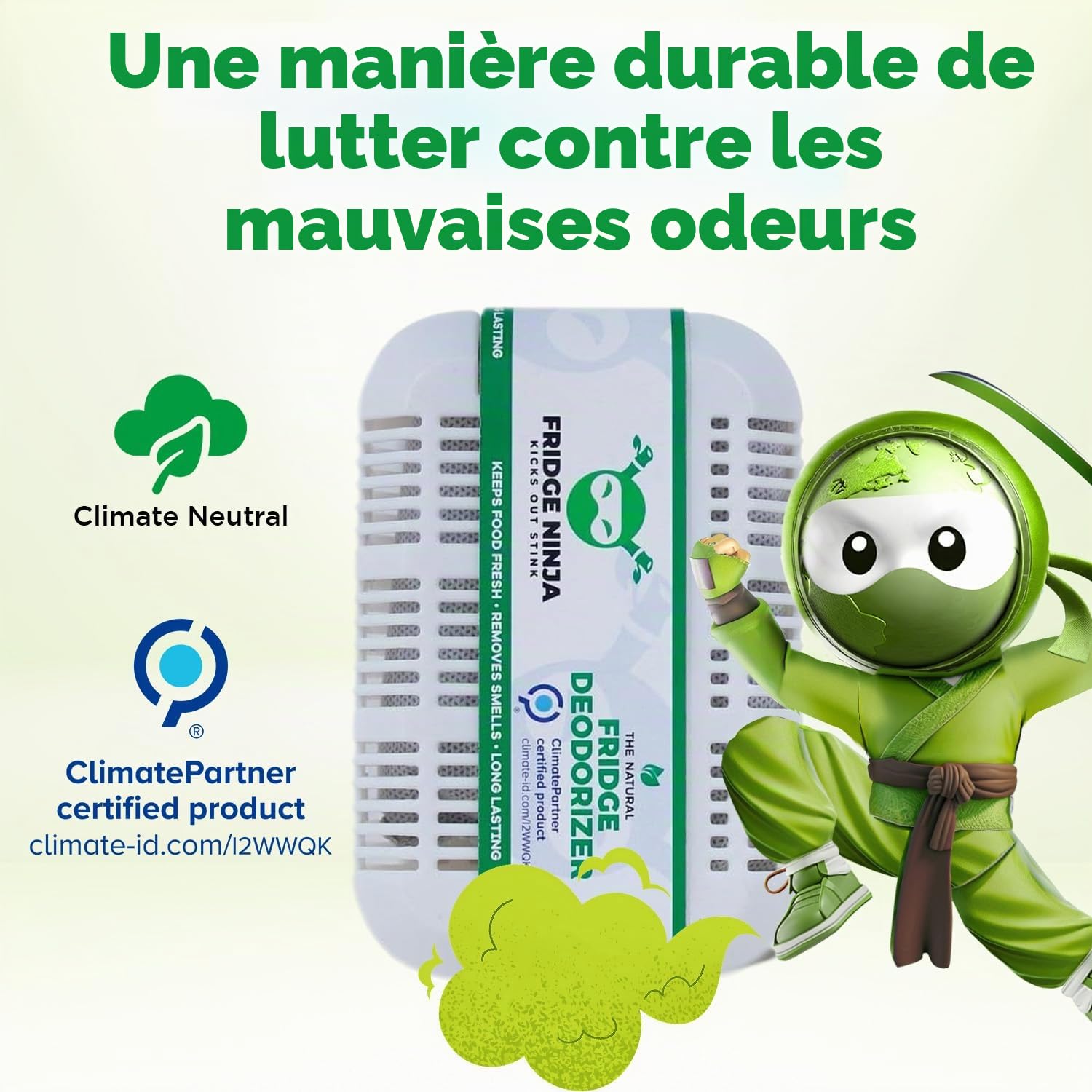 Fridge Ninja Désodorisant et désodorisant pour réfrigérateur – Charbon actif naturel non parfumé, dure 12 mois, éliminateur d'odeurs, absorbeur de parfum, accessoires de réfrigérateur pour la