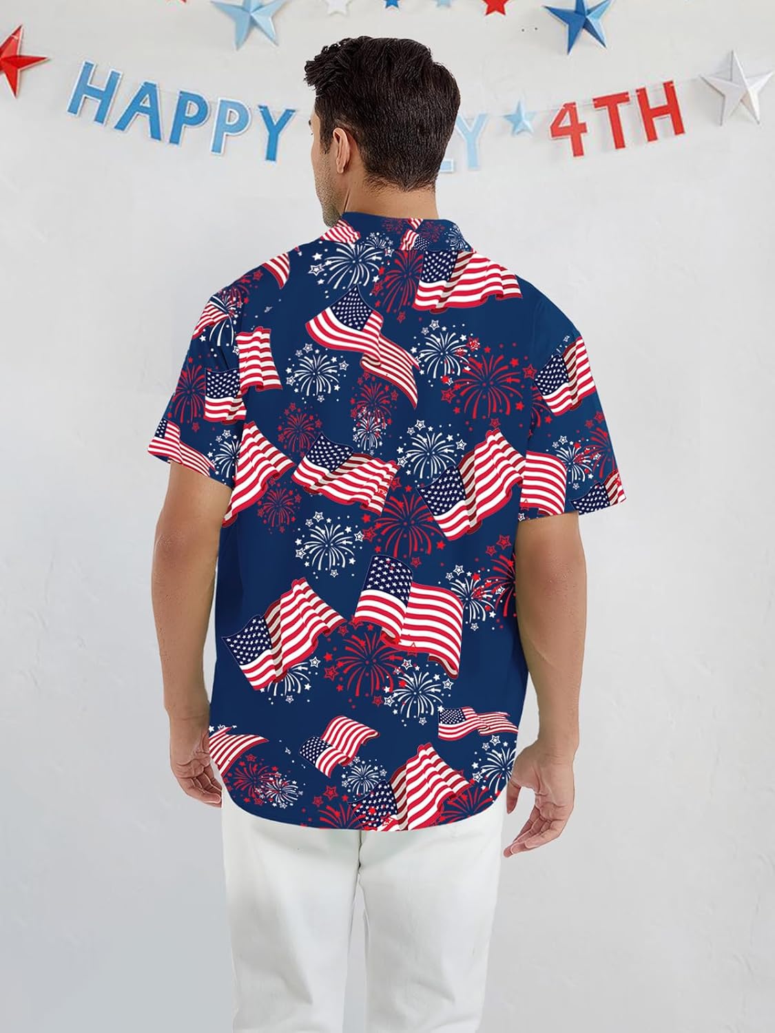 4th of July Hawaiian Shirts for Men American Flag Patriotic Short Sleeve Button Down Outfits - Image 3