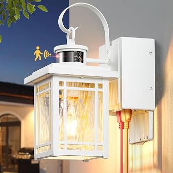 White Outdoor Wall Light with Outlet, Porch Light with GFCI Outlet