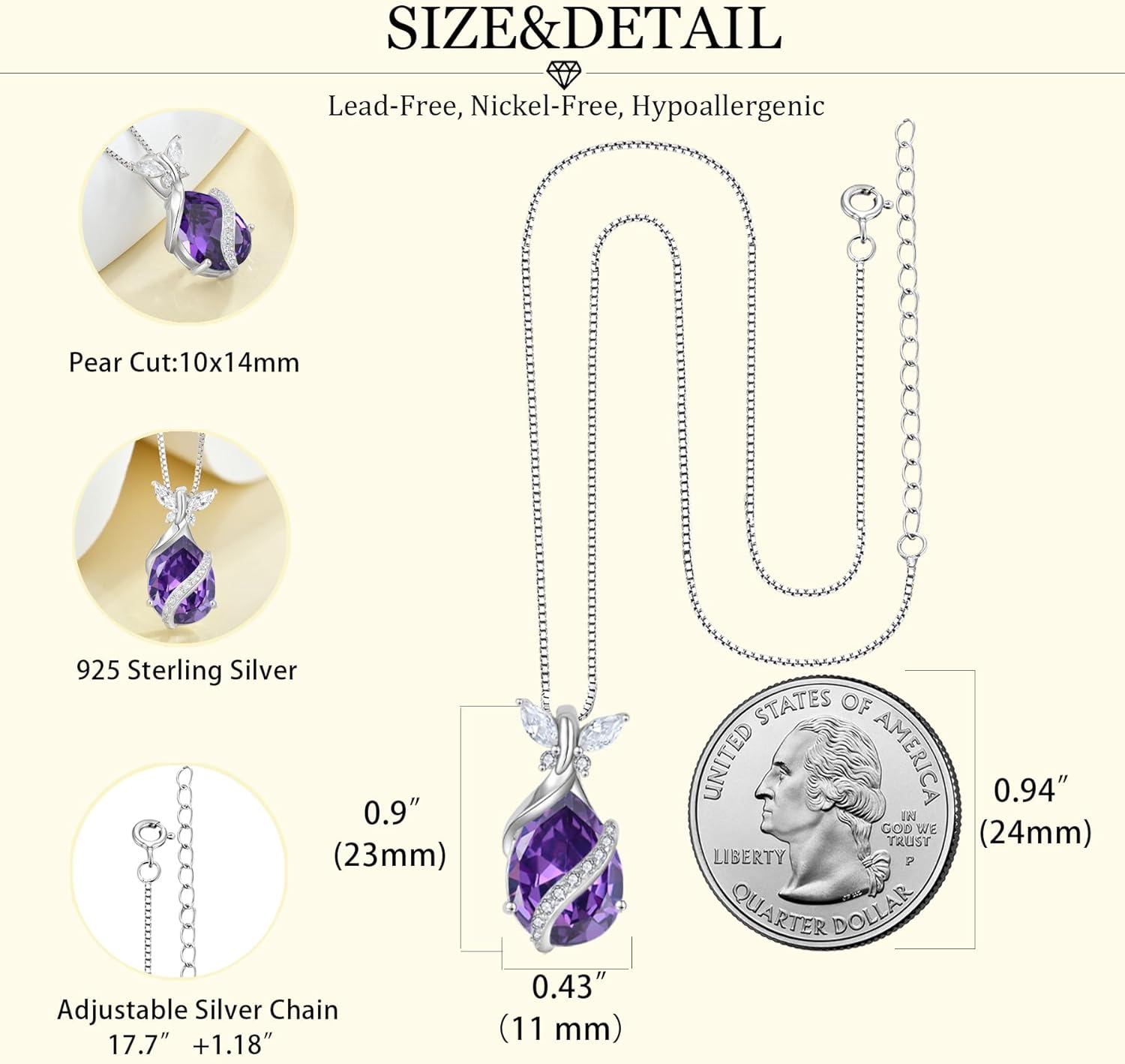 Butterfly Necklace for Women 925 Sterling Silver 10 * 14 mm Pear-Shaped Birthstone Pendant Necklace Hypoallergenic Jewelry for Women - Image 6