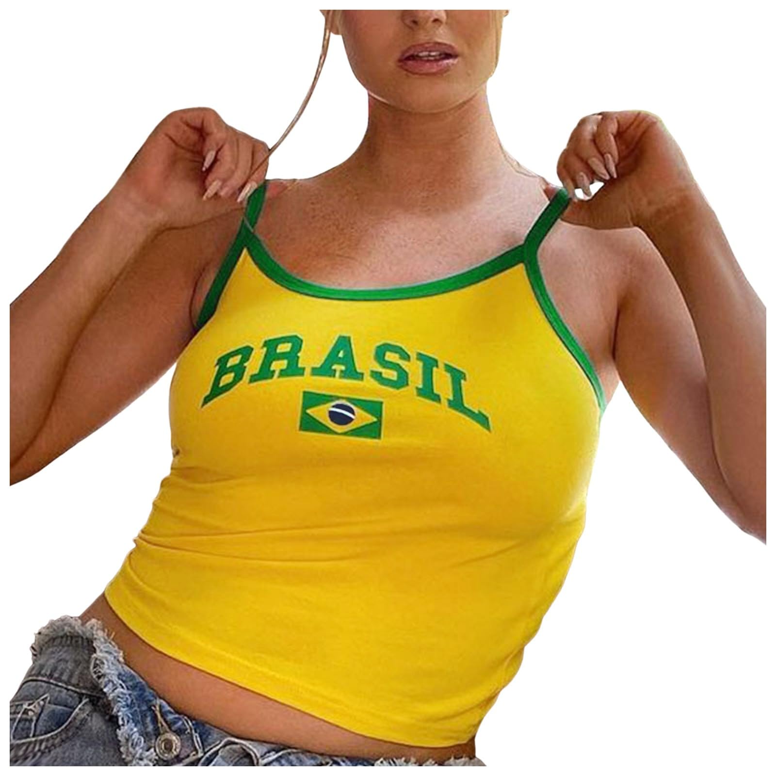 NQyIOSWomens Y2k Cami Tank Tops Going Out Crop Tops Spaghetti Strap Baby Tees for Women Summer Casual Camisole Brazil Crop Top T Shirts Graphic Tees for Women Vintage 90s Streetwear Shirts