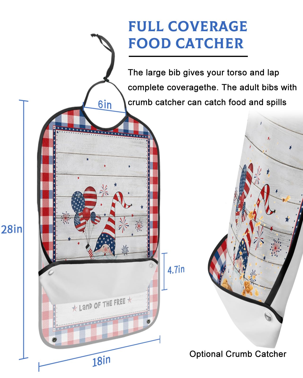 4th of July Adult Bibs for Eating, Waterproof Bibs with Food Catcher & Adjustable Snap Closure, Independence Day Blue Red Plaid Wood Washable Clothing Protectors Adult Bibs for Elderly Women/Men