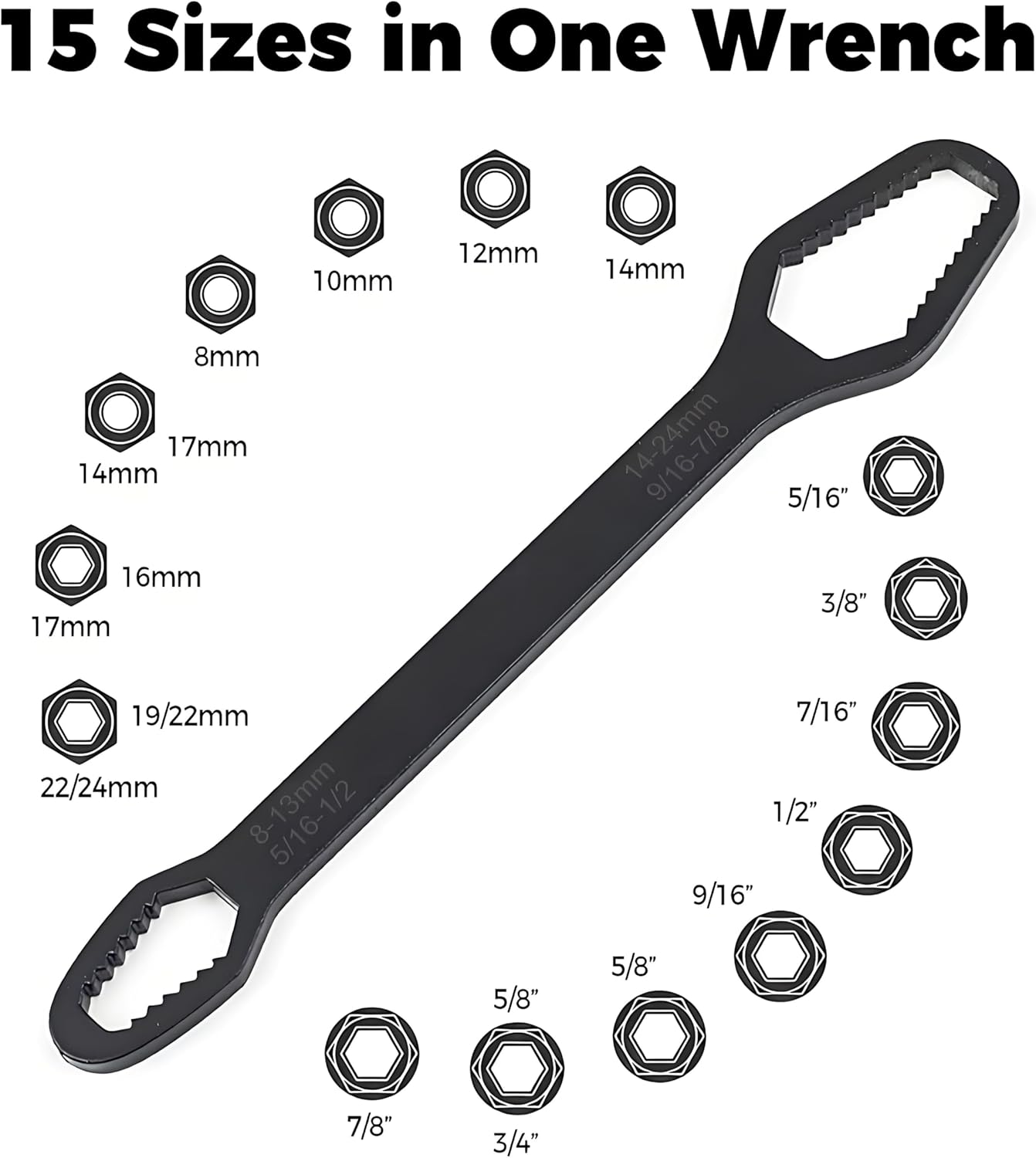 Universal Double-End Self-Tightening Wrench, 8mm-24mm Adjustable Multi-Function Wrench for Car Repair, Home Improvement, Outdoor Riding, Plumbing & DIY Projects (Black & White)