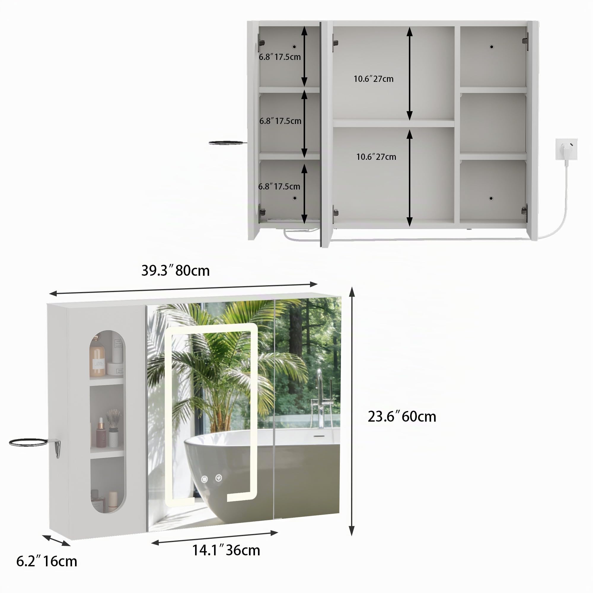 Spiegelschrank Bad mit Beleuchtung und Antibeschlag Funktion Hängender Badezimmer Spiegelschrank mit Steckdose (2*AC + 3*USB) und 3 Freistehende Staufächer für Badezimmer,80x60x16 cm