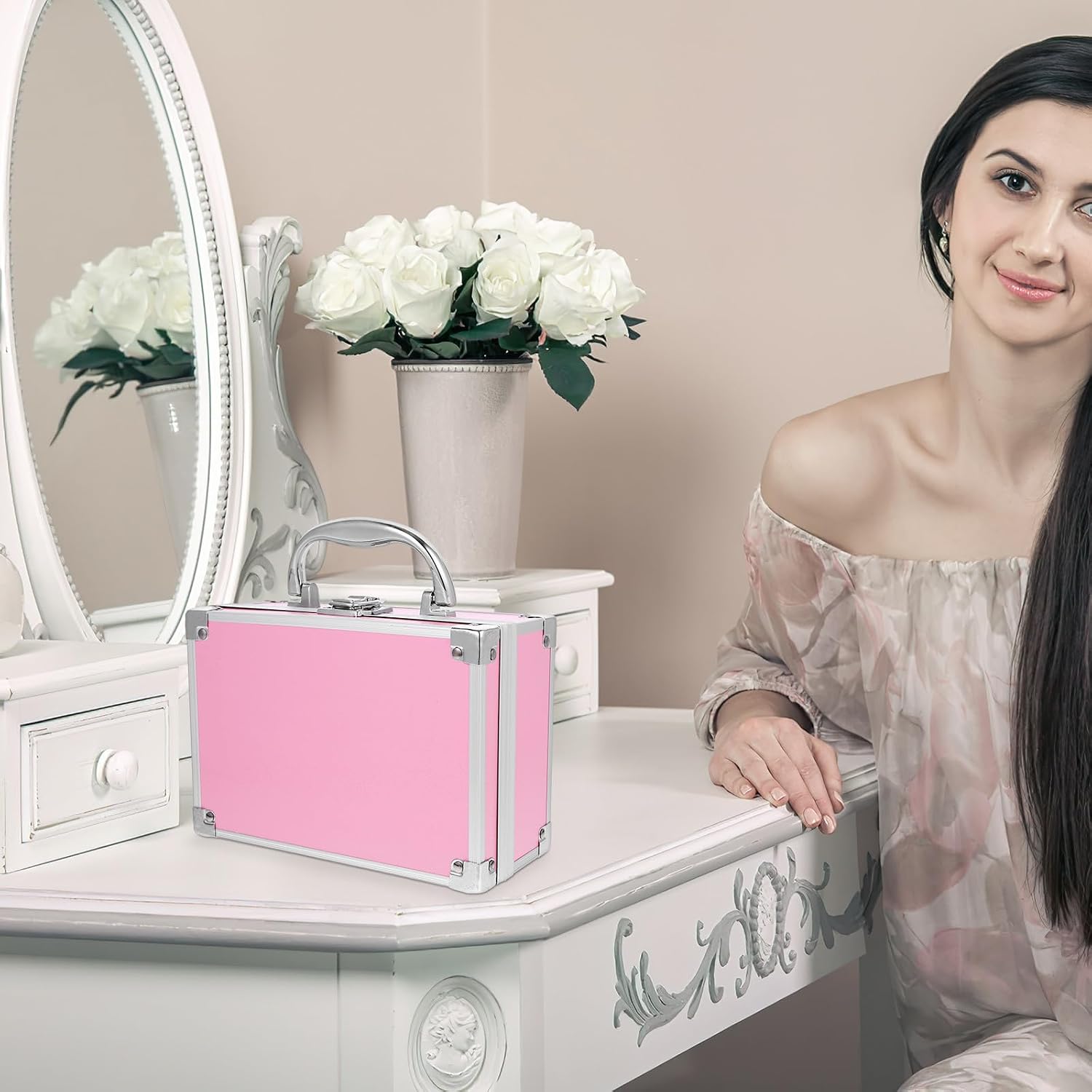 Portable Cosmetic Storage Box Makeup Train Case Aluminum Alloy with Ample Space and Easy Organization Stylish Pink Instrument Storage Briefcase for Skincare and Tools