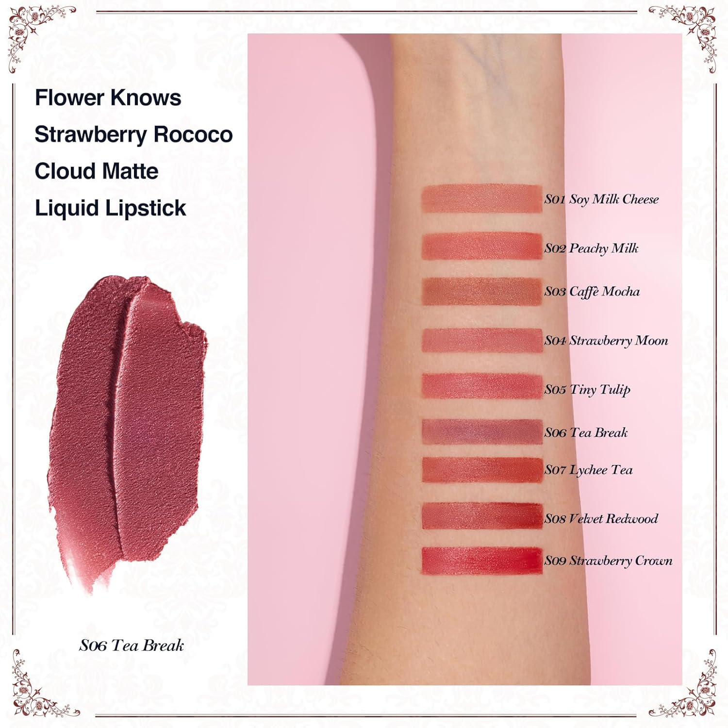 Flower Knows Strawberry Rococo Cloud Lip Cream,Long Lasting Mauve Pink Matte Lipstick,Hydrating Lip Stain,Transfer & Smudge Proof Velvet Liquid Lipstick for Girls&Women,0.12 Fl Oz(S06 Tea Break) - Image 3