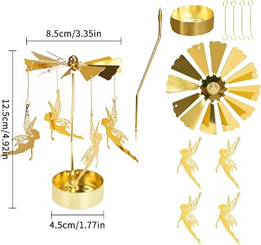 Spinning Candle Holder, Gold Tea Lights Candle Holder Fairy Carousel Candle Spinner, Rotating Metal Candle Holders for Table Centerpiece Angel Candle Holder for Christmas Festival Home Decor