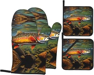 Brook Trout Fly Fishing Oven Mitts and Pot Holders Sets Kitchen Cooking Oven Mitts Gloves Non-Slip Grill Mitts