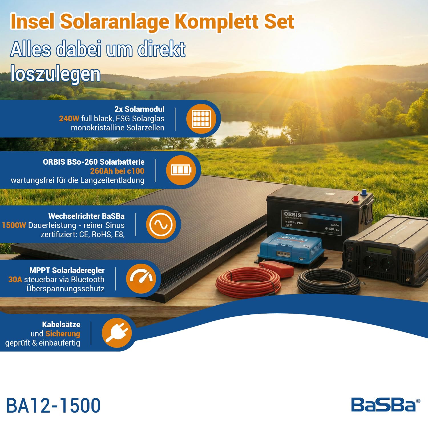 Solar Inselanlage 1500W 230V Komplettset 12V 480Wp PV Anlage mit 260Ah Batterie MPPT Victron Wechselrichter autark Garten Wohnmobil Offgrid | BaSBa BA12-1500