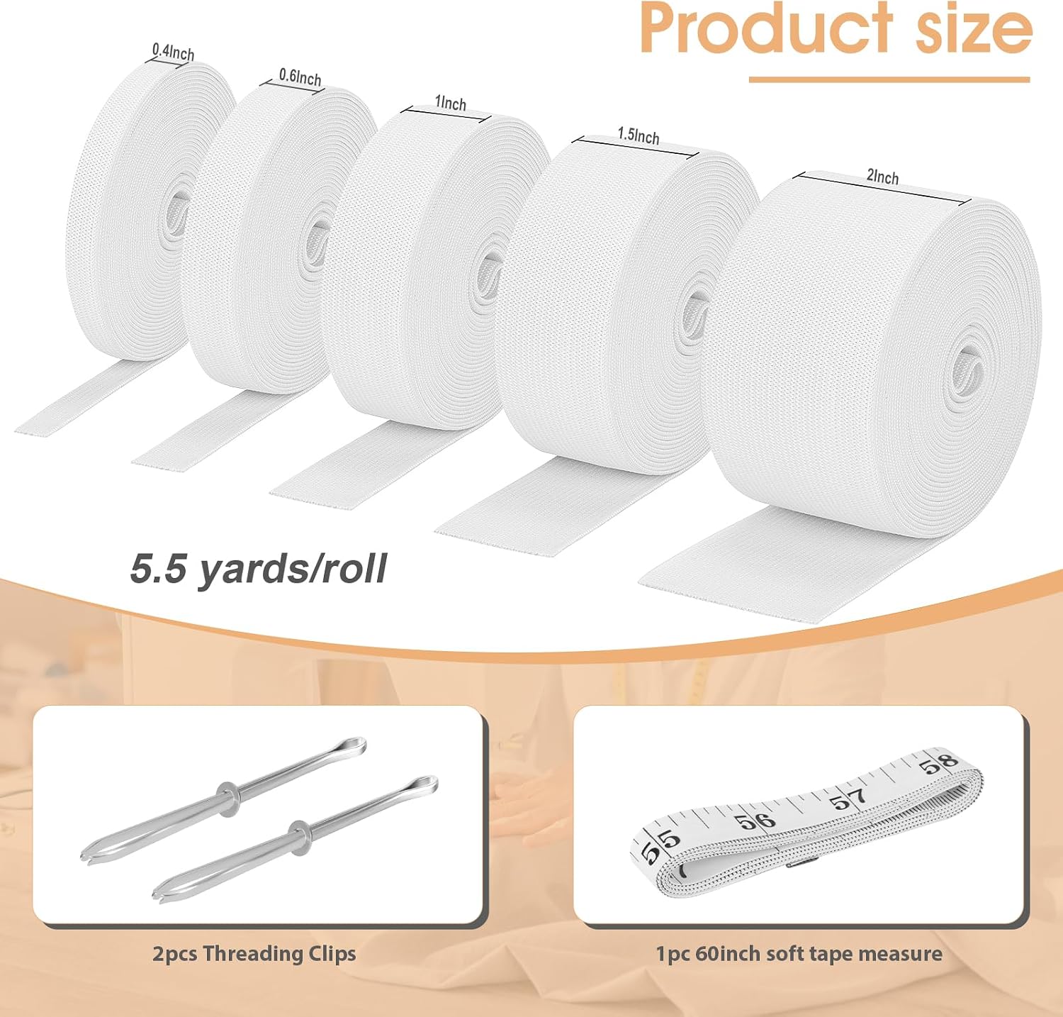 5 Rolls Elastic Band for Sewing, High Elasticity Knit Spool Band 0.4/0.6/1/1.5/2 Inch, 5.5 Yards/Roll with Sewing Clips & Tape Measure for Waistband Pants Dresses Swimwear Clothes Crafts DIY (White)