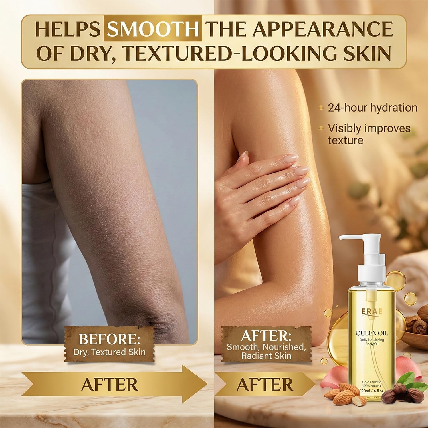 ERAE Queen Oil, Cold-Pressed Botanical Body Oil, Lightweight Daily Moisturizing Oil for Arms, Tummy & Thighs, Deeply Nourishing, (120 ml / 4 fl oz Each) (1PC)