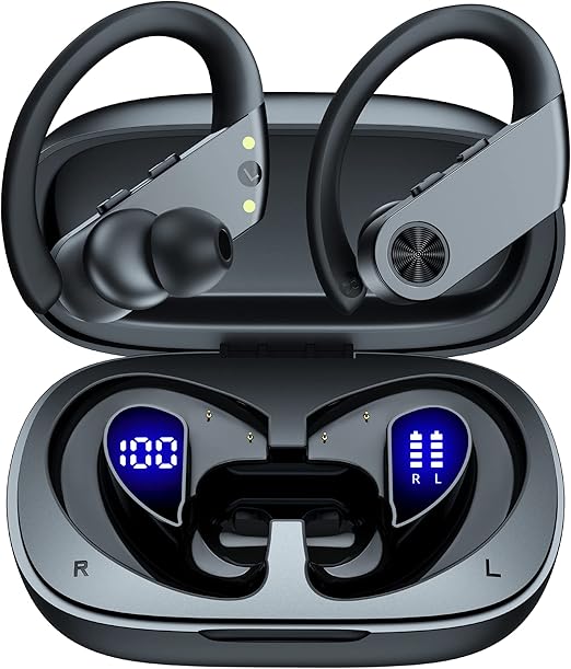 bluetooth headphones wireless earbuds 90h playtime with 2200mah charging case dual digital display ear buds waterproof over ear earphones with earhook