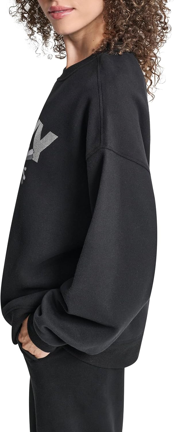 DKNY womens Blouson Sleeve Drop Shoulder Rhinestone Logo Graffiti Pullover Sweatshirt - Image 3