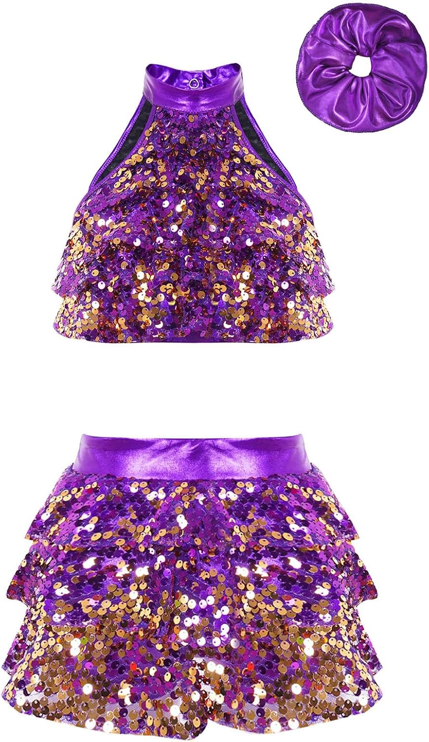 iiniim Kids Girls Sparkle Metallic Hip Hop Dance Dress Outfits Crop Top with Skirted Hair Band Ballroom Competition