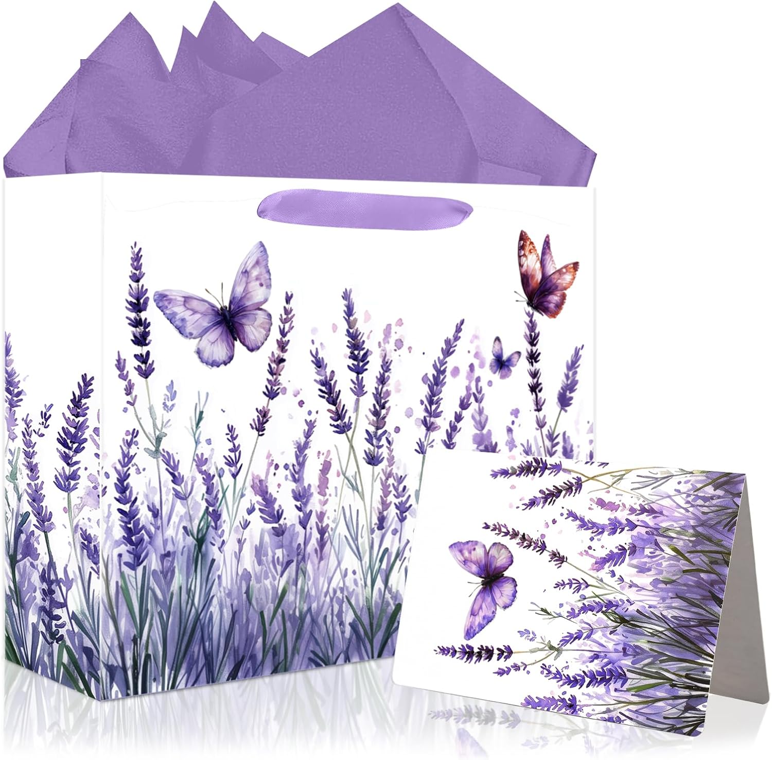 JOCOPUERTO Lavender Birthday Gift Bag - 13" Large Purple Butterfly Gift Bag with Tissue Paper and Card for Women Purple Themed Birthday Party Supplies