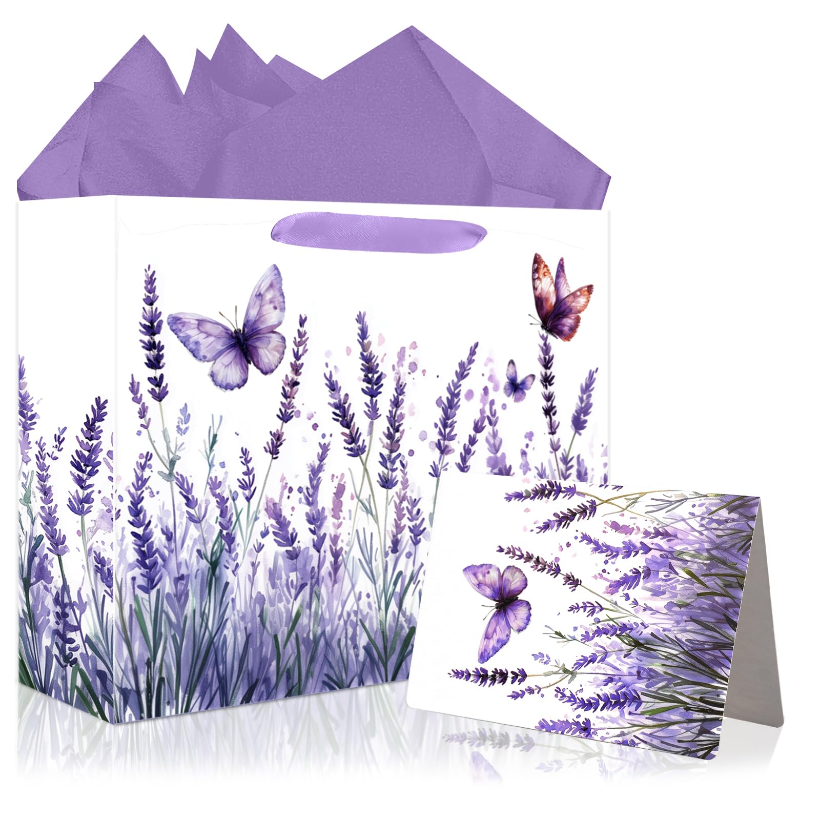 JOCOPUERTO Lavender Birthday Gift Bag - 13" Large Purple Butterfly Gift Bag with Tissue Paper and Card for Women Purple Themed Birthday Party Supplies