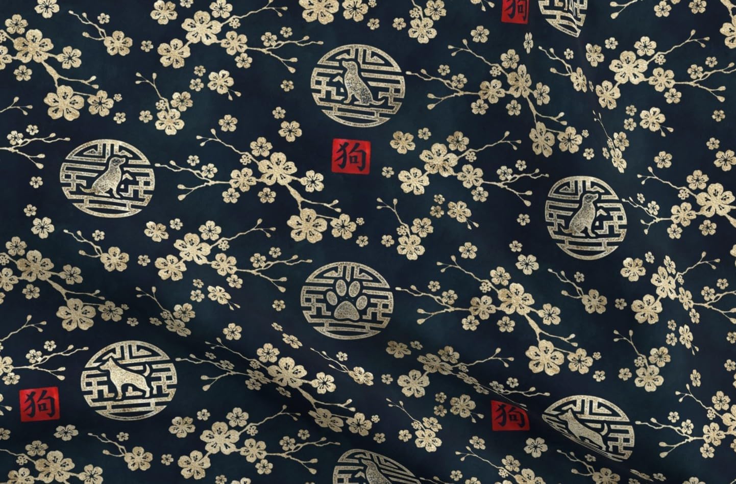 Spoonflower Fabric - Chinese Year Dogs Gold Dark Blue Cherry Blossom Asian Inspired Printed on Upholstery Velvet Fabric Fat Quarter - Upholstery Home Decor Bottomweight Apparel