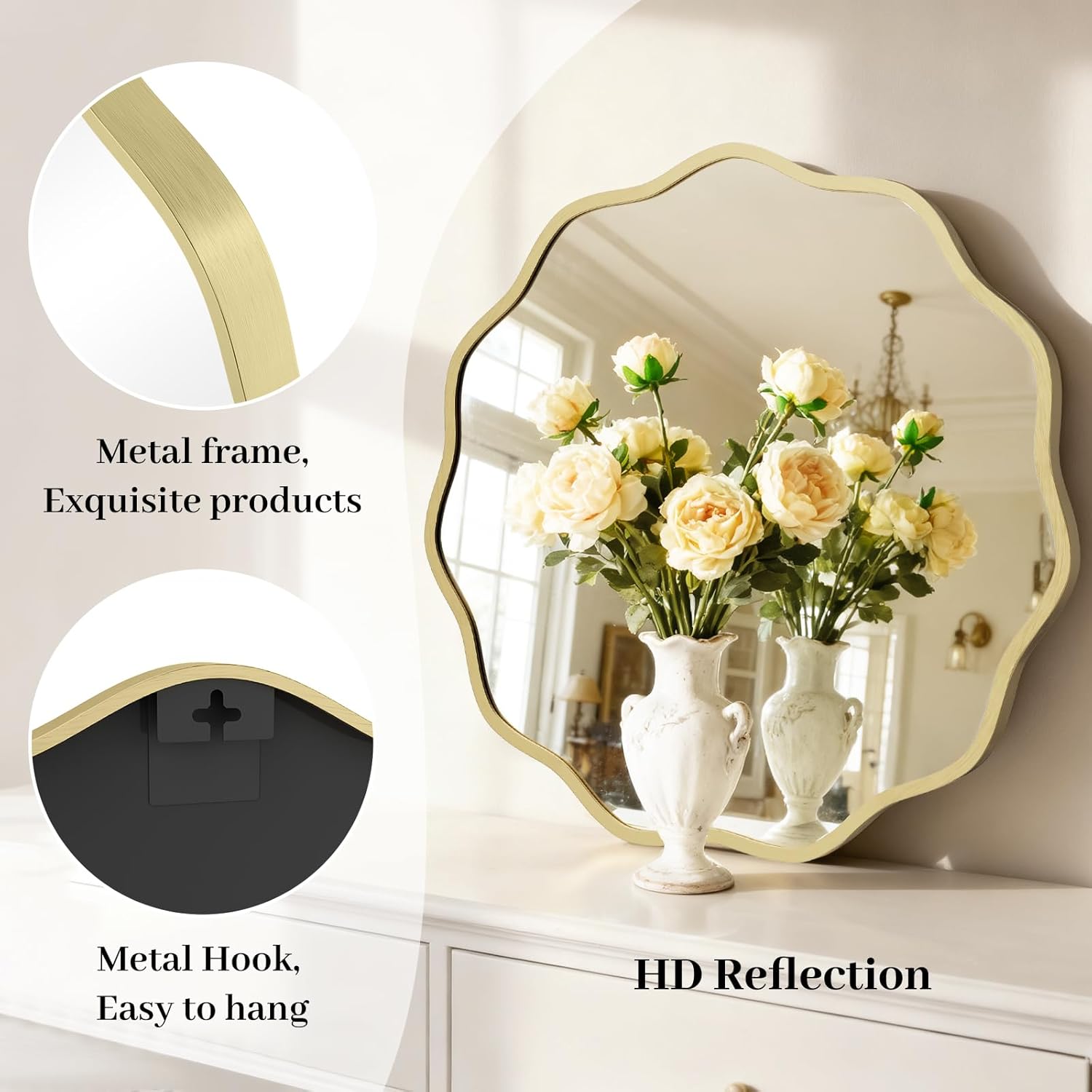 HOMECOOKIN 24 Inch Wavy Round Wall Mirror, Round Wavy Wall Mirror with Aluminum Frame for Bathroom Upgrades, Hotels, Dressing Tables,Farmhouses