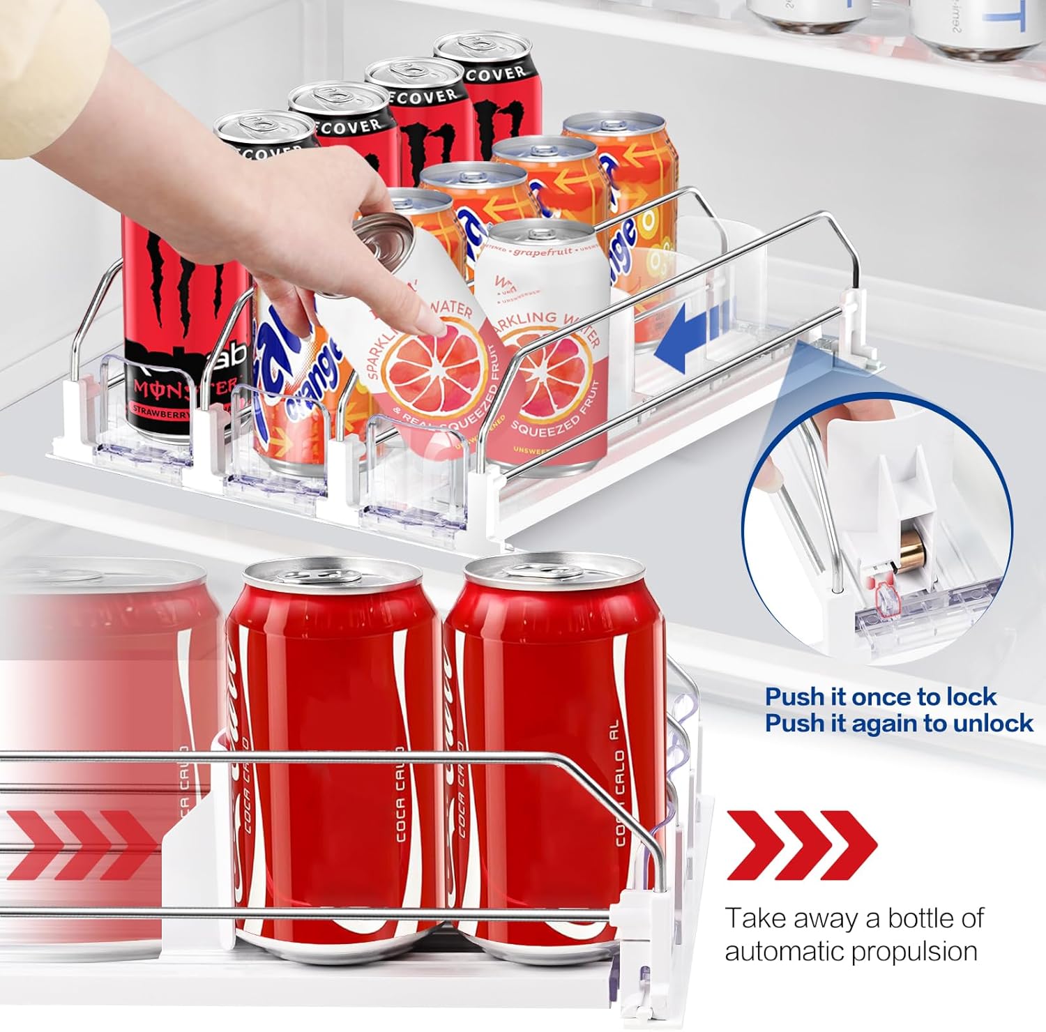 Drink Organizer for Mini Fridge, Automatic Pusher Drink Dispenser for Refrigerator, Soda Can Organizer for Beer Beverage, Holds up to 16 Cans 4Row (Depth12.2 xWide13.4)