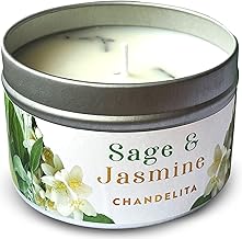 Pure Sage & Jasmine Scented Candle with Leaves & Soy Wax for Purification, Relaxation, Meditation & Chakras - Handmade Scented Candle - Wellness Scented Candles