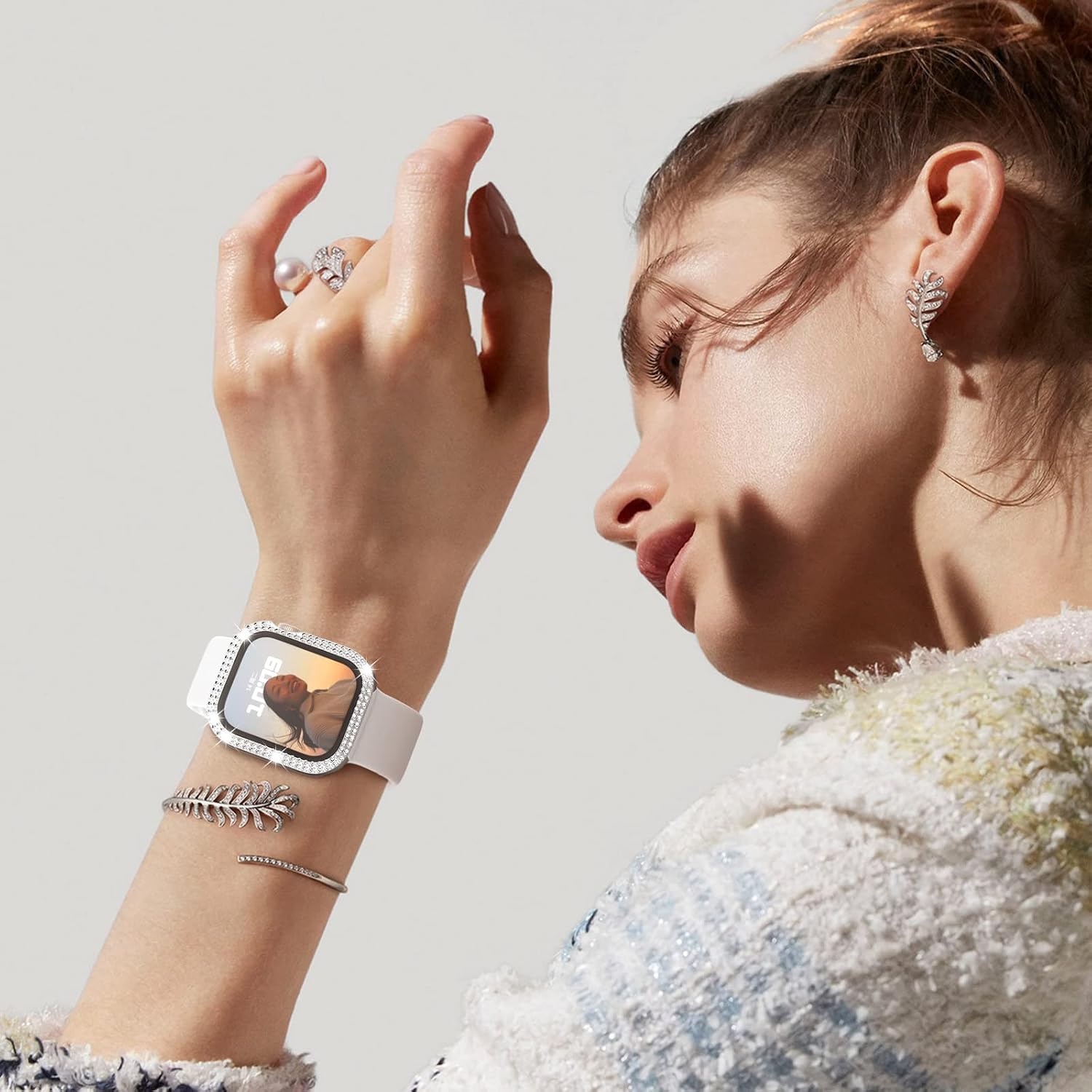 Adepoy Compatible for Apple Watch Case 42mm Series 3/2/1 with Tempered Glass Screen Protector, Double Bling Case Crystal Diamonds Rhinestone Bumper Overall Hard PC Slim Protective Cover for iWatch 42