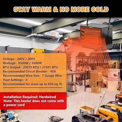 Miniatura 6 de Calentador eléctrico de garaje de 8500 W, 240 V para montaje en techo con control remoto de función completa, calentadores de garaje forzados por