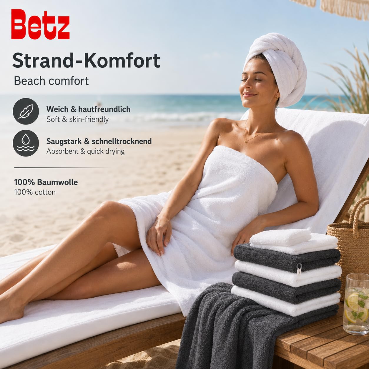 Betz Lot de 12 pièces 100% Coton Palermo 2 draps de Bain 4 Serviettes de Toilette 2 d'invités 2 lavettes 2 Gants de Toilette Couleur Anthracite et Blanc