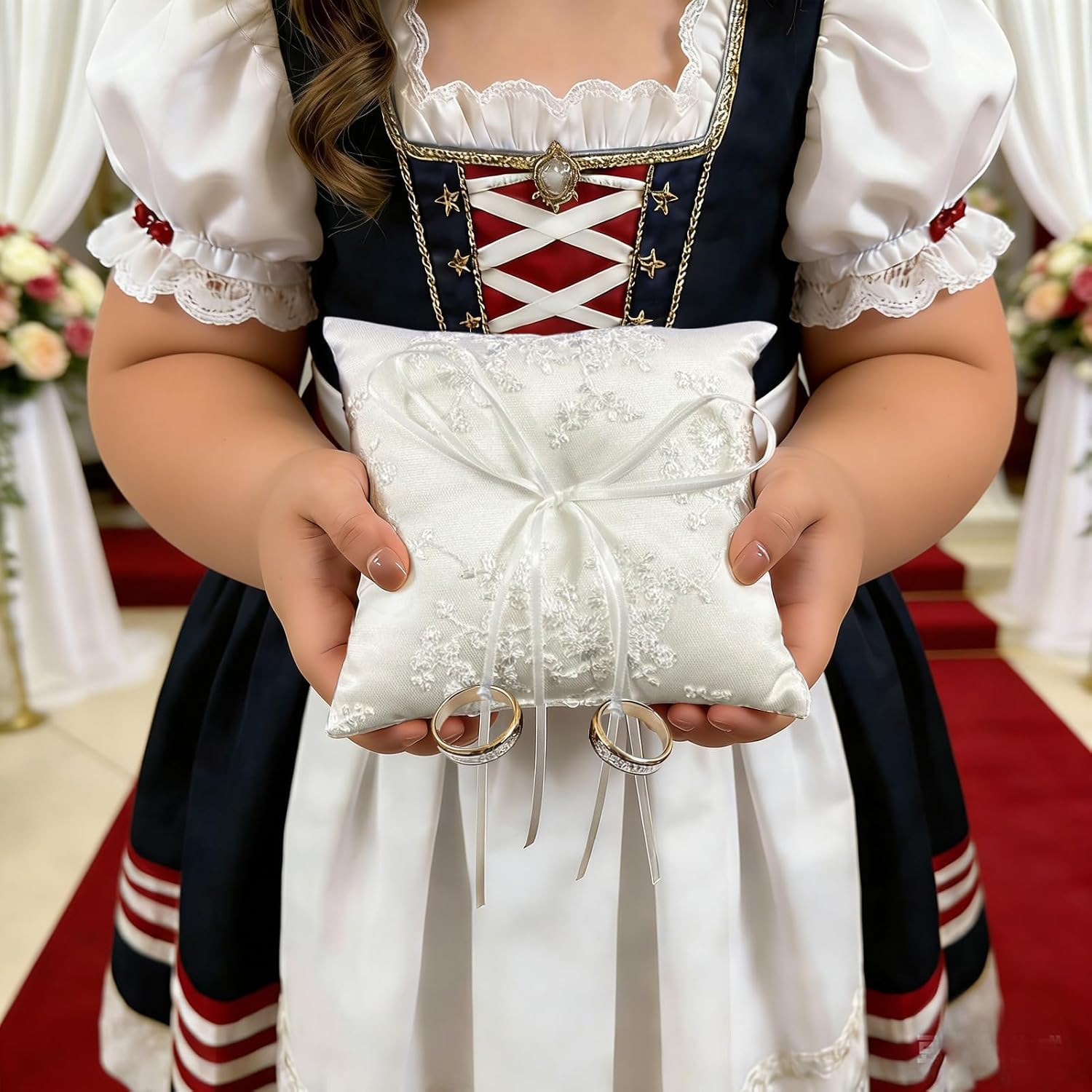 Wedding Ring Bearer Pillow, White Satin with Floral Lace Embroidery and Ribbon Bow, Square 6 x 6 inches for Beach Proposal Ceremony Party