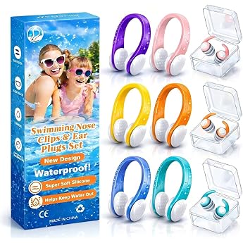 Nose Clip Swimming with Ear Plugs - Pack of 9 Silicone Nose Clip Swimming Earplugs for Children and Adults Waterproof Nose Clip for Swimming Beginners with Storage Box Multicoloured