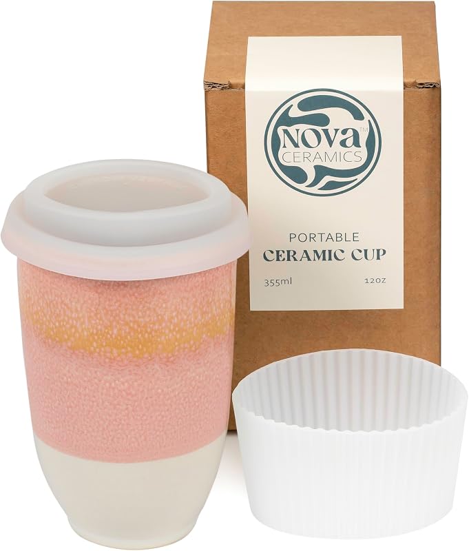 NOVA CERAMICS Taza de viaje – Taza de café de viaje – Taza de café helado única para llevar – Vaso de café rosa apto para microondas y lavavajillas – Regalos para mujeres, hombres, él y ella – 12 oz – Resplandor posterior
