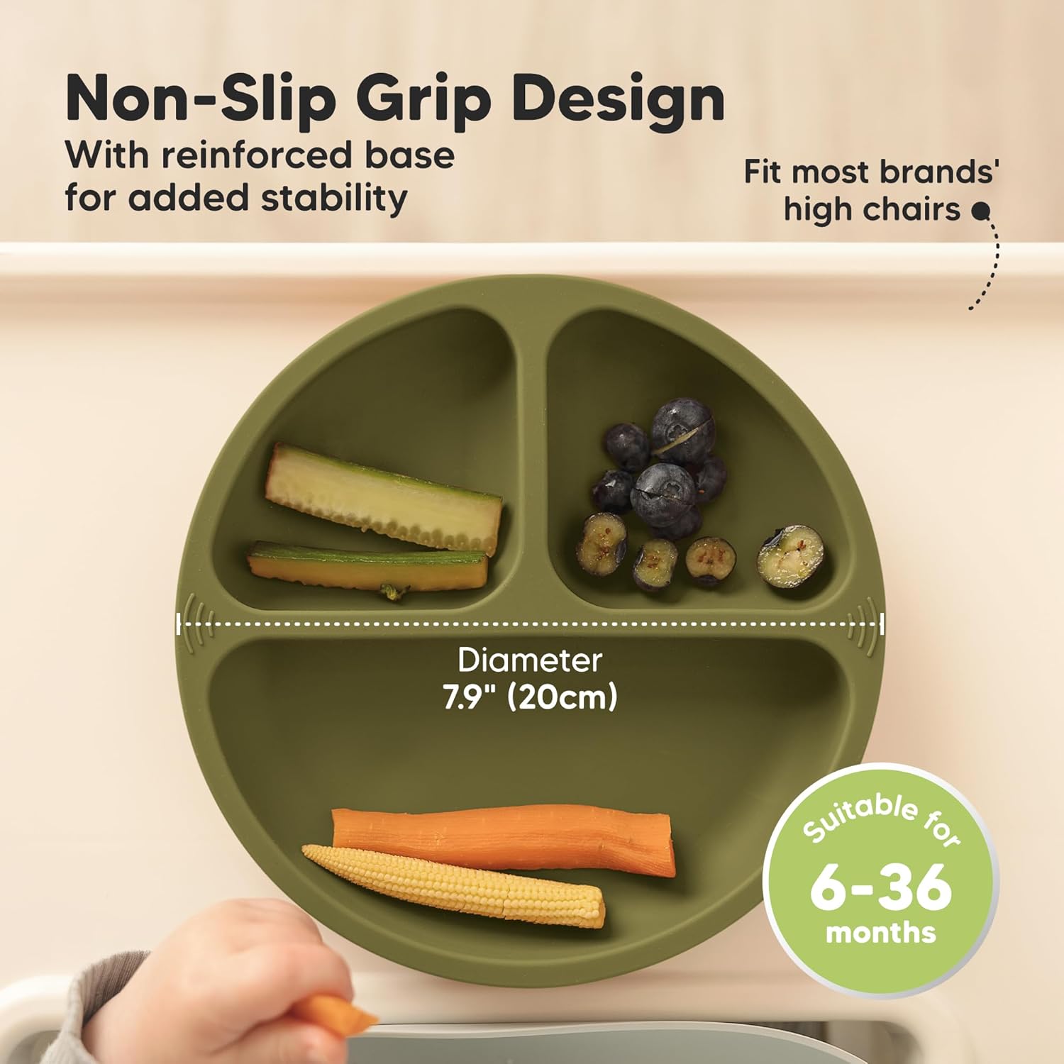 KeaBabies Suction Plates for Baby, Toddler - 3-Pack 100% Silicone Toddler Plates with Suction, Divided, BPA-Free Baby Led Weaning Essentials for Kids, Dishwasher, Microwave Safe, Durable (Olives) - Image 4