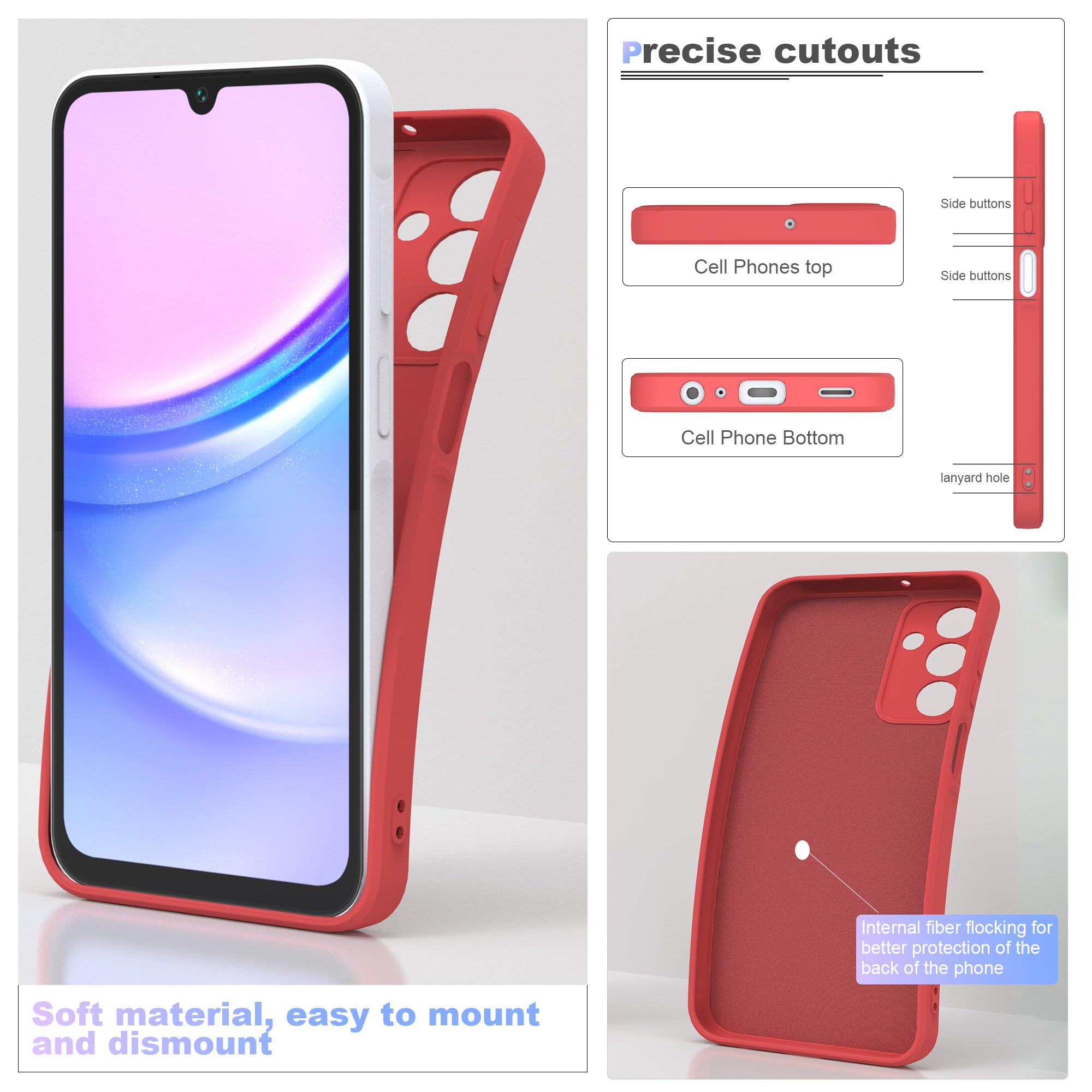 THIYUFUNS Cover per Samsung Galaxy A15 4G / 5G (6.5") con 2 Pezzi HD Vetro Temperato Pellicola Protettiva,Liquid Silicone TPU Custodia 360 Antiurtfio Gradi Cover per Samsung Galaxy A15 - Rosso