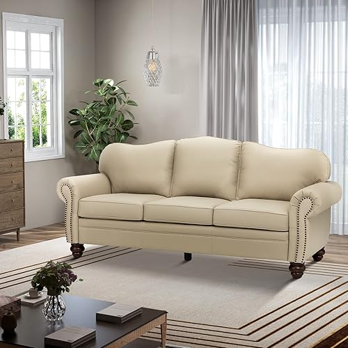 Miniatura 5 de HULALA Home Sofá de cuero genuino de 81 pulgadas con ribete de clavos y reposabrazos enrollados, moderno de mediados de siglo, sofá de 3 plazas,