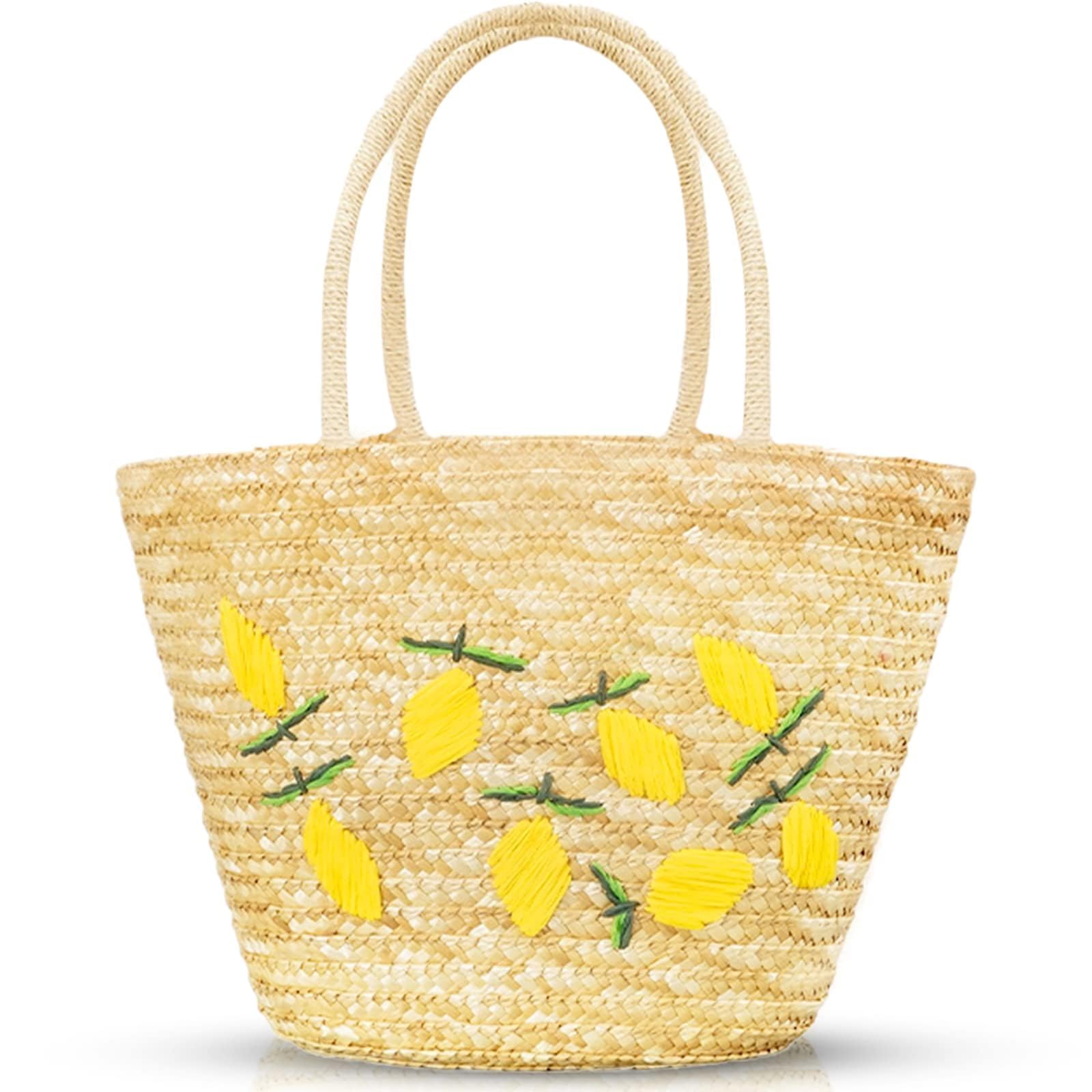 QTKJ Summer Straw Bag, Beach Bag for Women, Handwoven Handbag Vintage Lemon Pattern Embroidery, Large Rattan Tote Bag Suitable for Vacation Seaside